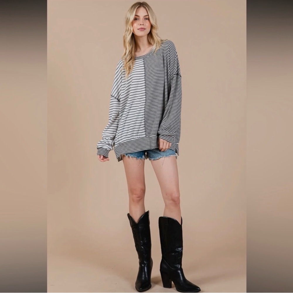EUC Ces Femme Mixed Stripe Oversized Waffle Knit Pullover
